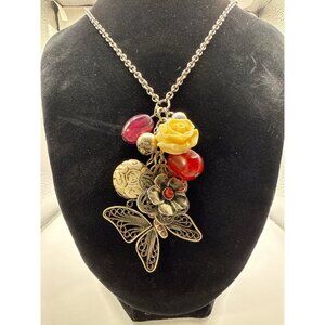 Mixed Charm Necklace With Yellow Rose Red Accents & Butterfly Pendant